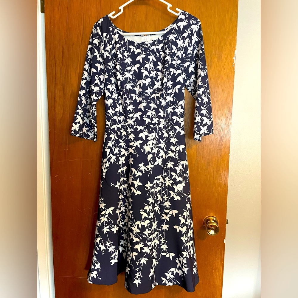 EShakti Navy Floral Knee Length Dress (Medium)